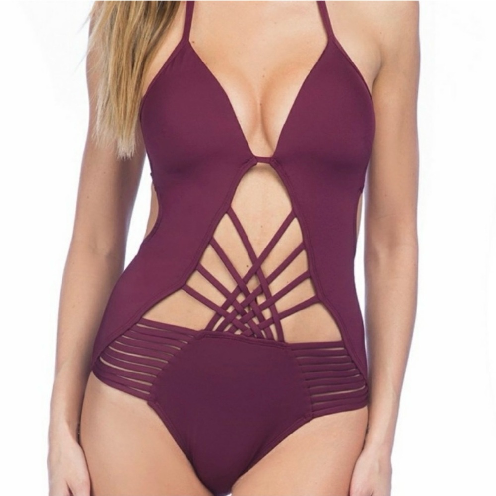 Kenneth Cole New York Maroon Monokini One-Piece Swimsuit